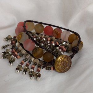 Woven Bracelet with Cherry Quartz Vintage and Silver Beads, Antique Button